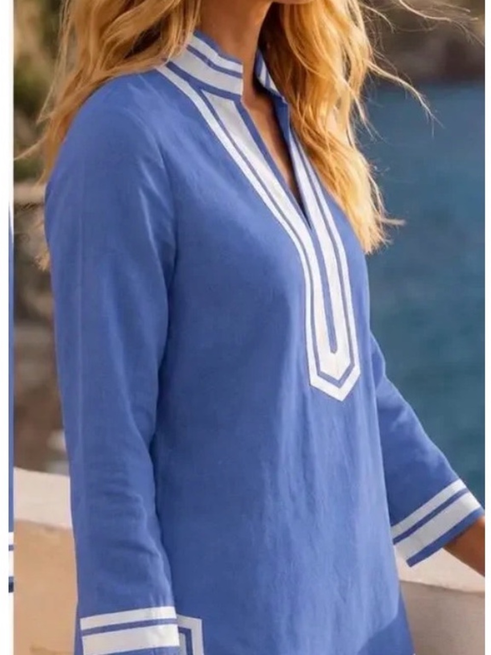 Karen‎ Kane linen  Blue V-Neck The st Tropez Tunic with White Trim